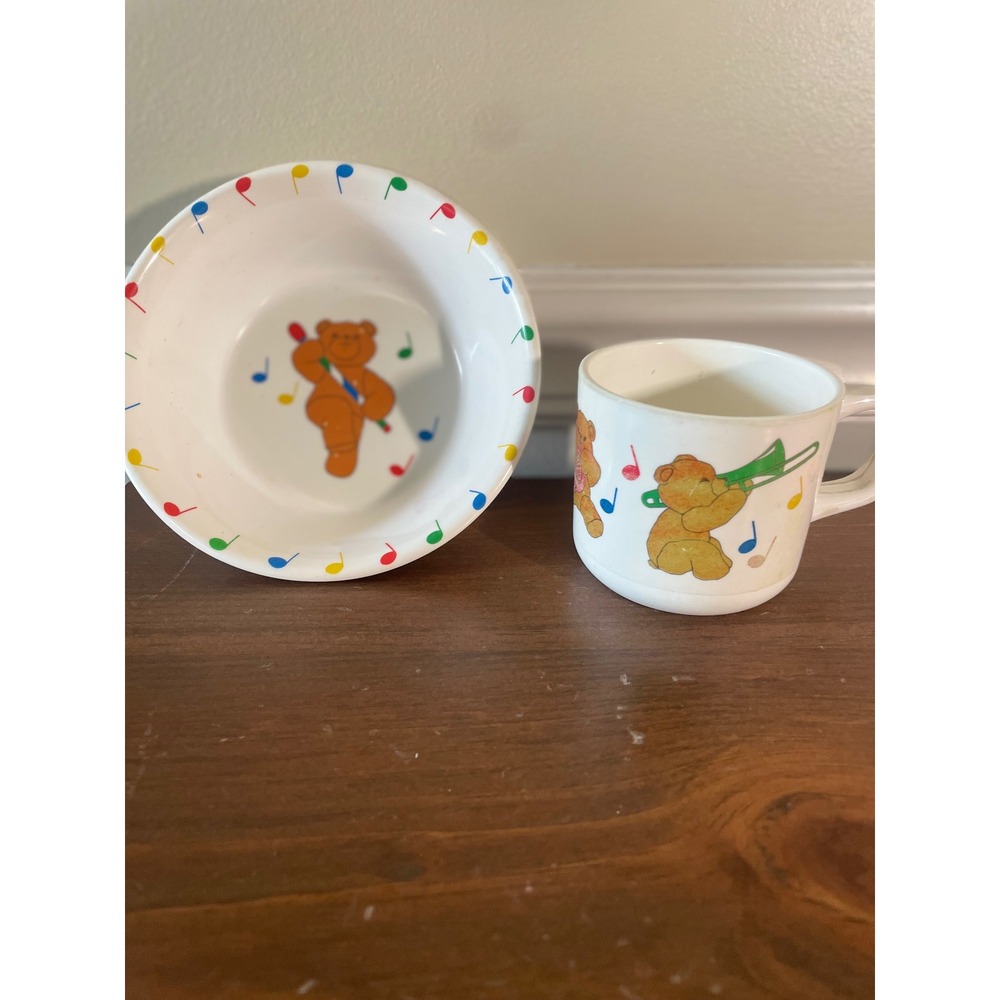 Vintage Musical Teddy Bear Melamine Bowl and Mug Set Kids Nursery Dishes White